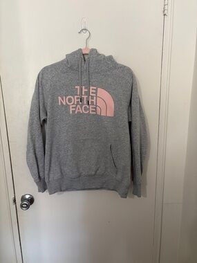 The North Face Light Gray Pullover Hoodie with Pink Logo